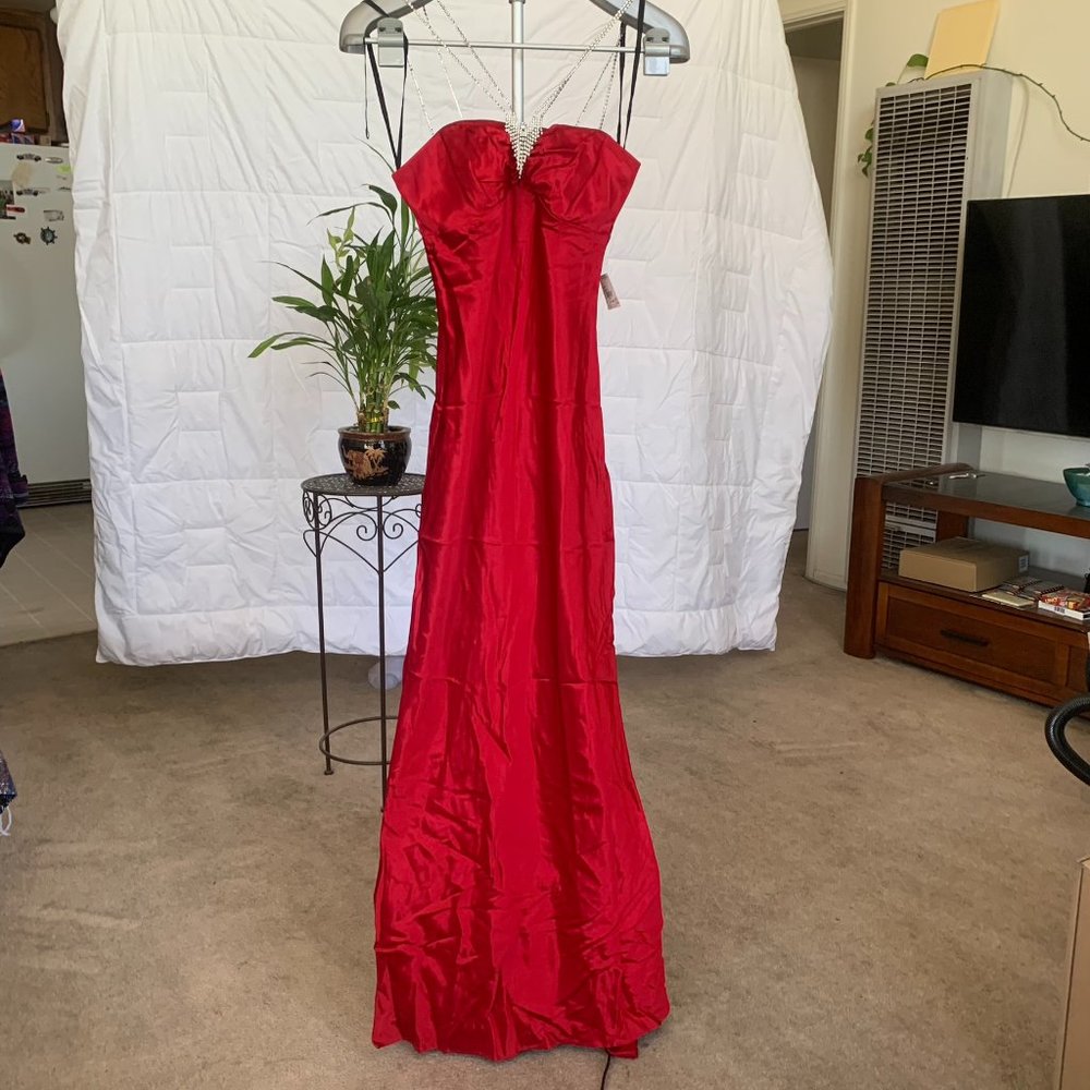 KiKi USA - Satin Formal Rhinestone Strap Maxi Dress